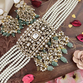 Premium Multilayer Pearl Victorian Diamond Choker-Aqua Green Beads-VV1453